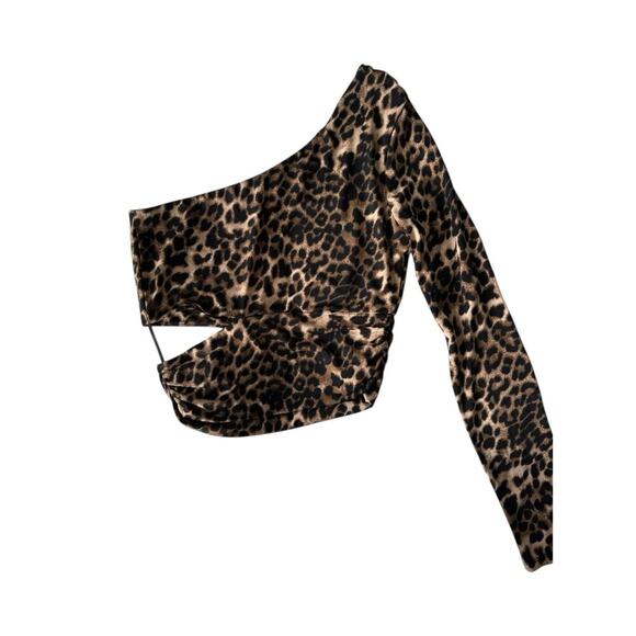 Mixed Threads Leopard Print One Shoulder Long Sleeve Crop Top M Cutout Ruched - Picture 4 of 6